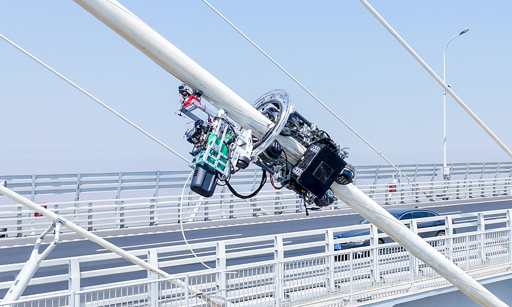 图为“机械壁虎”缆索桥梁智能修复机器人，是招商局集团旗下招商交科推动科技成果转化的成果。该机器人搭载护套修复装置与高清视觉系统，数据实时回传，创新性采用“地面操控、云端施工”模式，实现检测、修复与数据管理的一体化闭环，为桥梁拉索智能养护提供全流程解决方案。